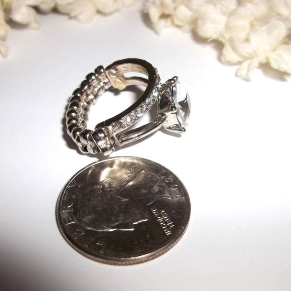 Silver Ring Costume Jewelry Faux White Diamond Rhinestone Stretch Band C194 - Picture 5 of 5
